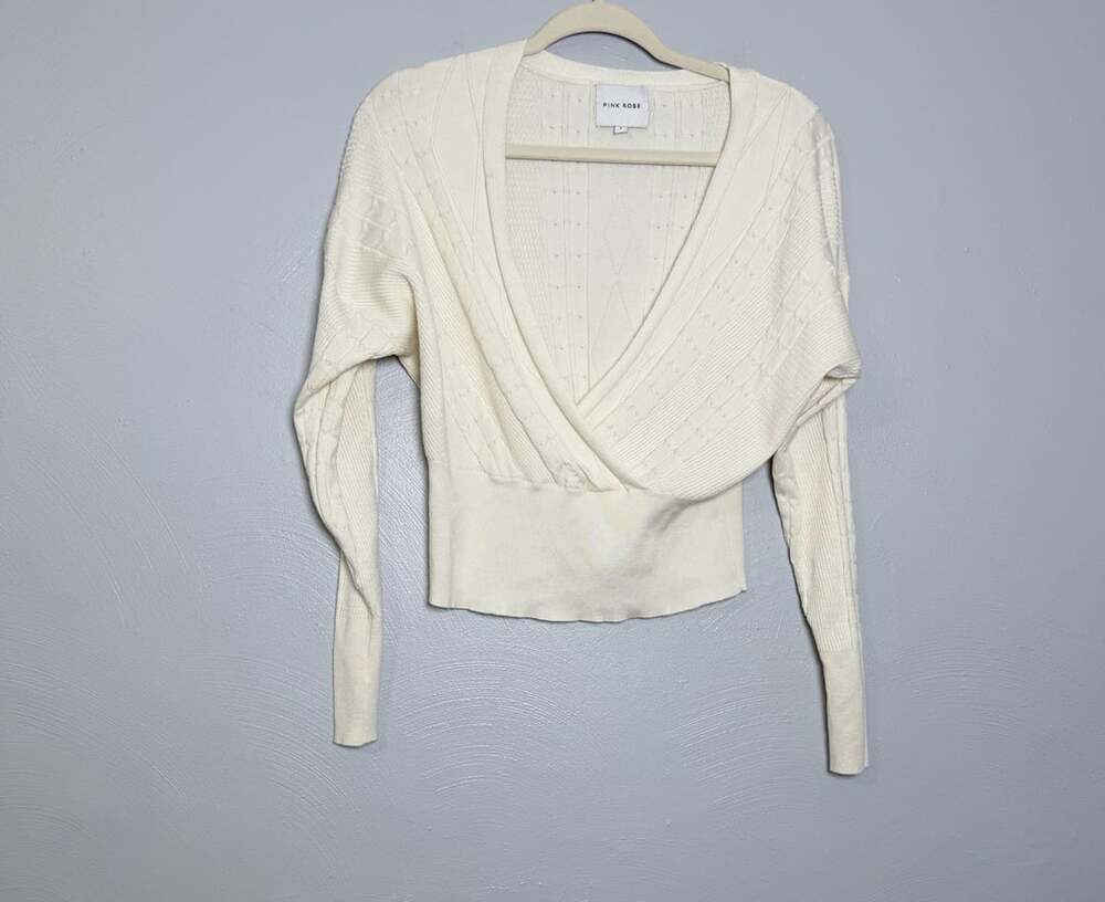 Pink Rose Cable Knit Wrap Sweater Size L Ivory Off White